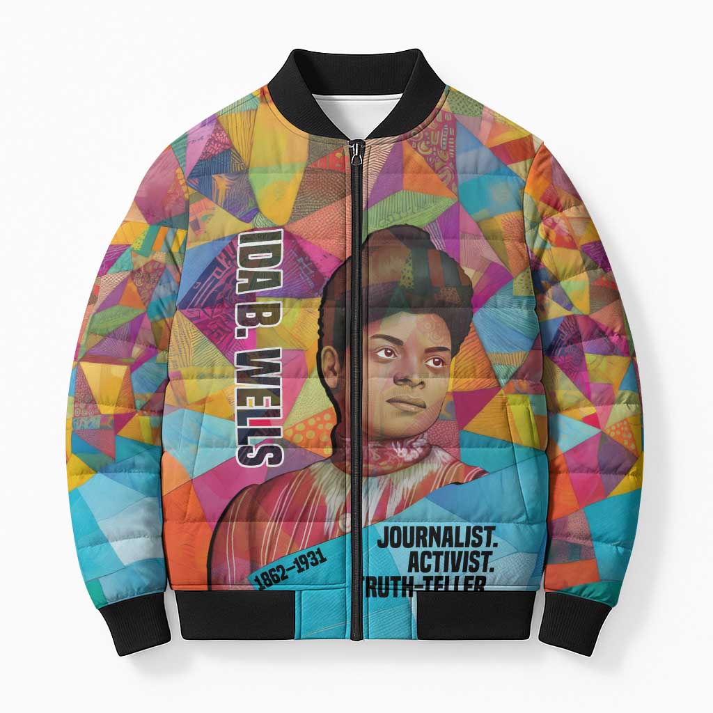 Ida B. Wells Bomber Puffer Jacket with Colorful Patchwork Pattern Design Confident Portrait Civil Rights and Journalism Tribute - African Pride