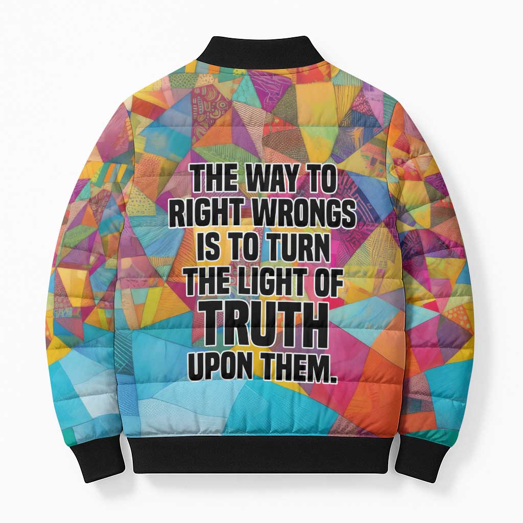 Ida B. Wells Bomber Puffer Jacket with Colorful Patchwork Pattern Design Confident Portrait Civil Rights and Journalism Tribute - African Pride