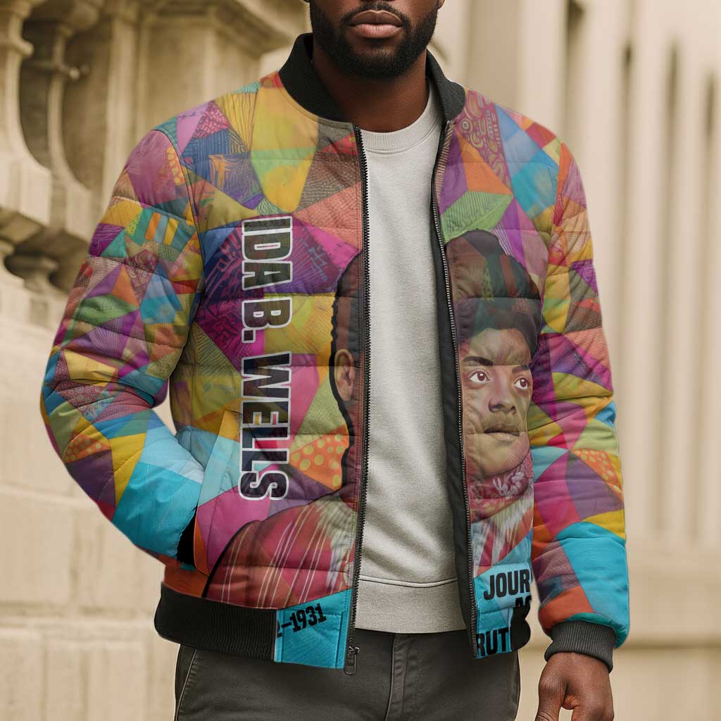 Ida B. Wells Bomber Puffer Jacket with Colorful Patchwork Pattern Design Confident Portrait Civil Rights and Journalism Tribute - African Pride