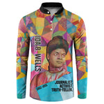 Ida B. Wells Button Sweatshirt with Colorful Patchwork Pattern Design Confident Portrait Civil Rights and Journalism Tribute