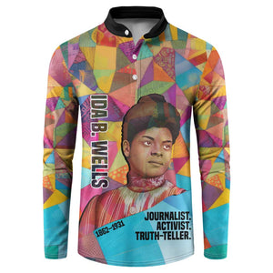Ida B. Wells Button Sweatshirt with Colorful Patchwork Pattern Design Confident Portrait Civil Rights and Journalism Tribute