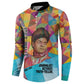 Ida B. Wells Button Sweatshirt with Colorful Patchwork Pattern Design Confident Portrait Civil Rights and Journalism Tribute