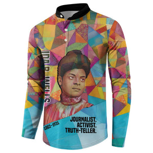 Ida B. Wells Button Sweatshirt with Colorful Patchwork Pattern Design Confident Portrait Civil Rights and Journalism Tribute