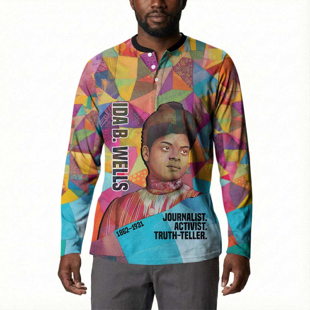 Ida B. Wells Button Sweatshirt with Colorful Patchwork Pattern Design Confident Portrait Civil Rights and Journalism Tribute