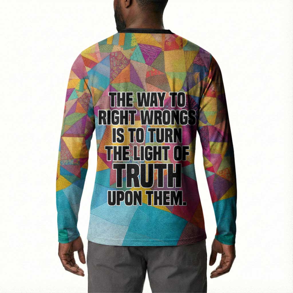 Ida B. Wells Button Sweatshirt with Colorful Patchwork Pattern Design Confident Portrait Civil Rights and Journalism Tribute