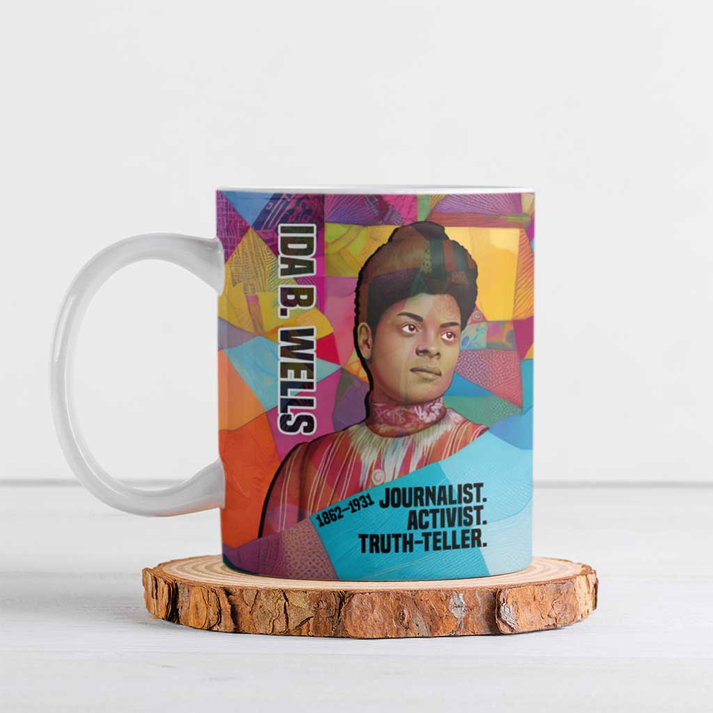 Ida B. Wells Ceramic Mug with Colorful Patchwork Pattern Design Confident Portrait Civil Rights and Journalism Tribute - African Pride