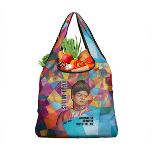 Ida B. Wells Grocery Bag with Colorful Patchwork Pattern Design Confident Portrait Civil Rights and Journalism Tribute - African Pride