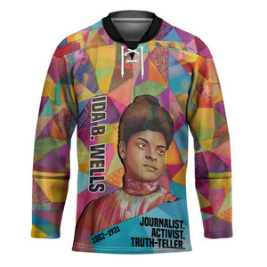 Ida B. Wells Hockey Jersey with Colorful Patchwork Pattern Design Confident Portrait Civil Rights and Journalism Tribute - African Pride