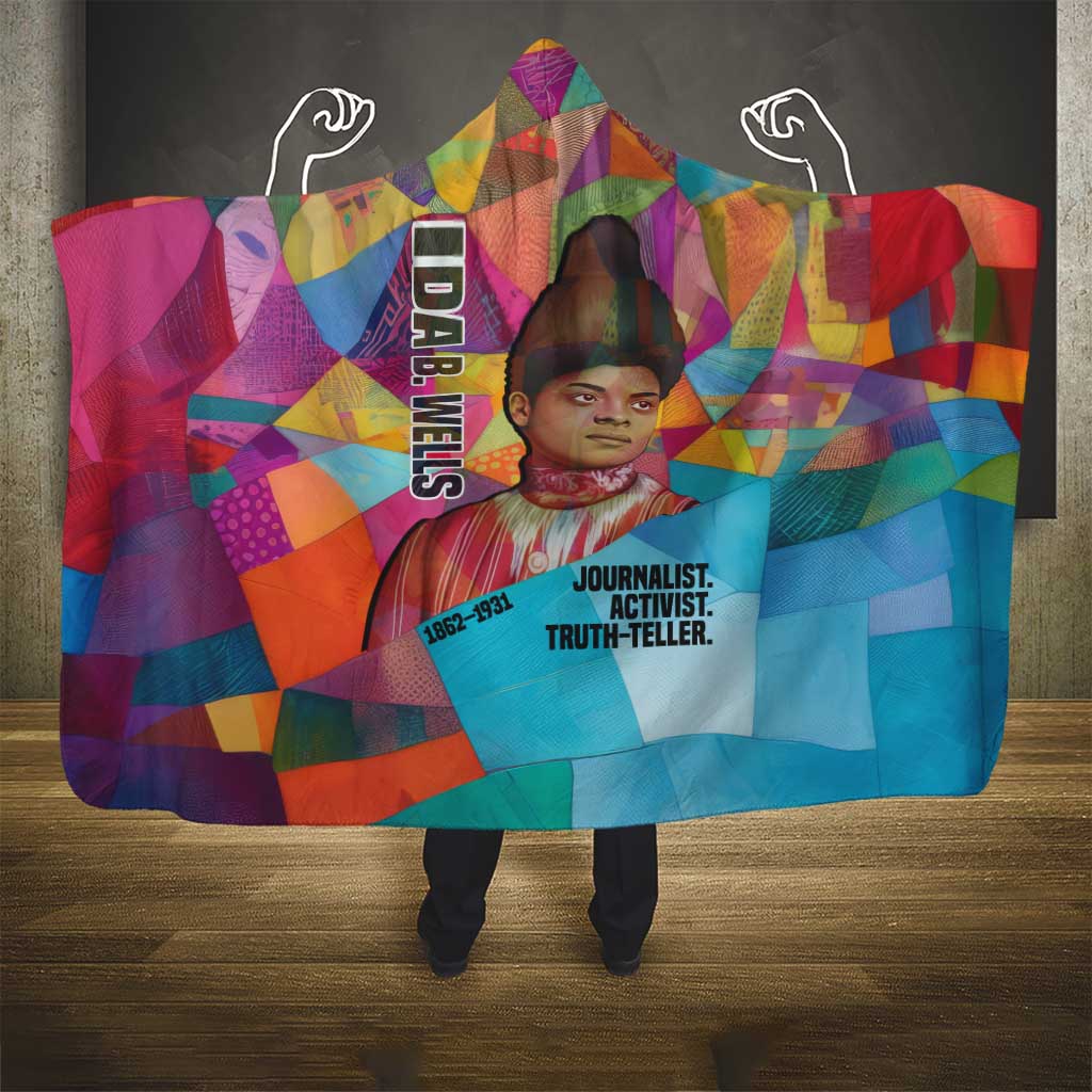 Ida B. Wells Hooded Blanket with Colorful Patchwork Pattern Design Confident Portrait Civil Rights and Journalism Tribute - African Pride