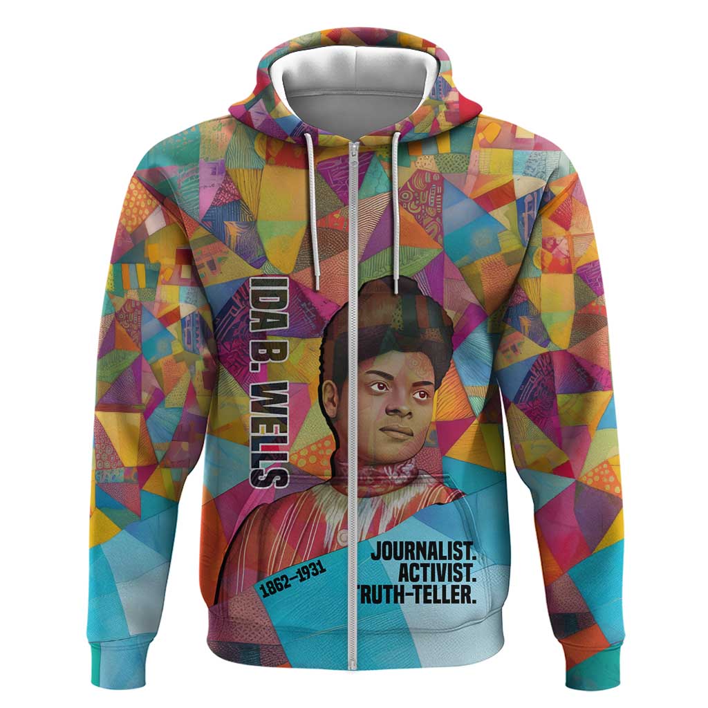 Ida B. Wells Hoodie with Colorful Patchwork Pattern Design Confident Portrait Civil Rights and Journalism Tribute - African Pride
