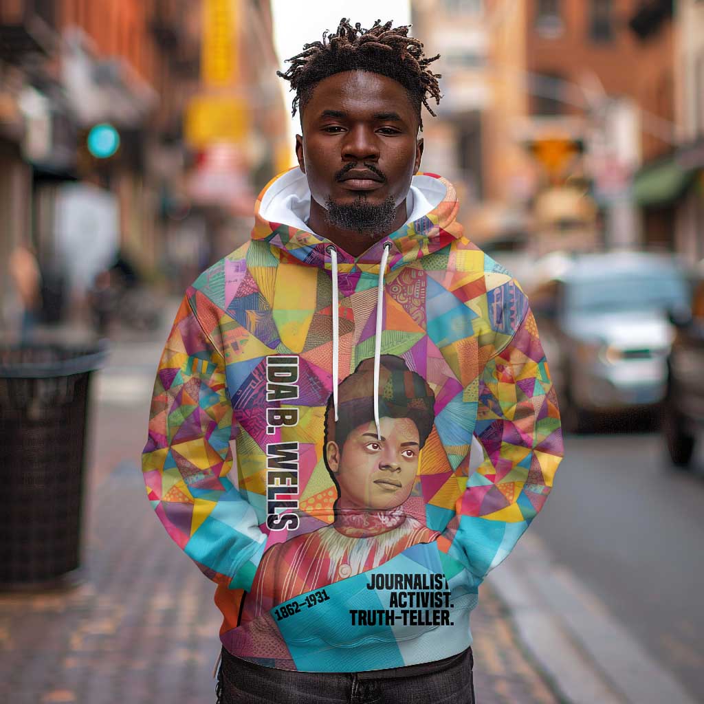 Ida B. Wells Hoodie with Colorful Patchwork Pattern Design Confident Portrait Civil Rights and Journalism Tribute - African Pride
