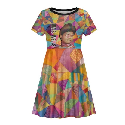 Ida B. Wells Kid Short Sleeve Dress with Colorful Patchwork Pattern Design Confident Portrait Civil Rights and Journalism Tribute - African Pride