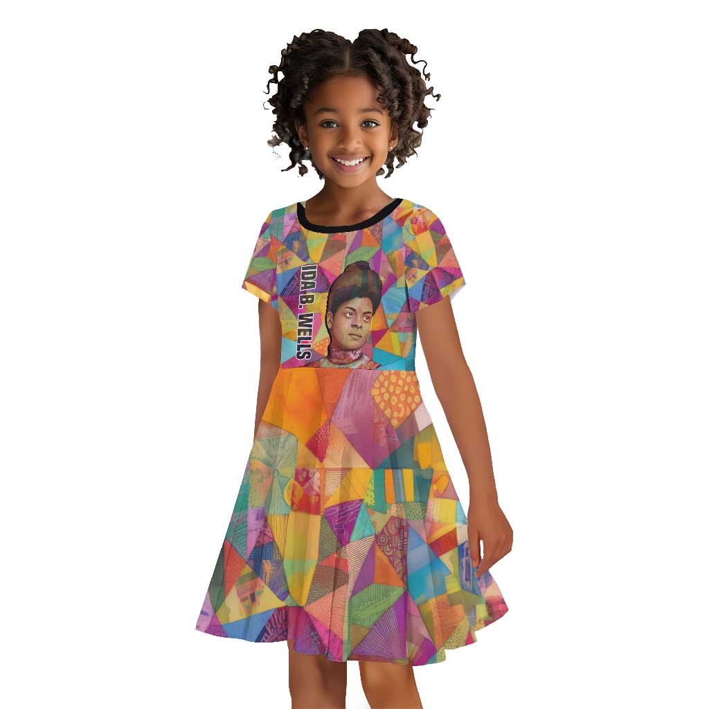 Ida B. Wells Kid Short Sleeve Dress with Colorful Patchwork Pattern Design Confident Portrait Civil Rights and Journalism Tribute - African Pride