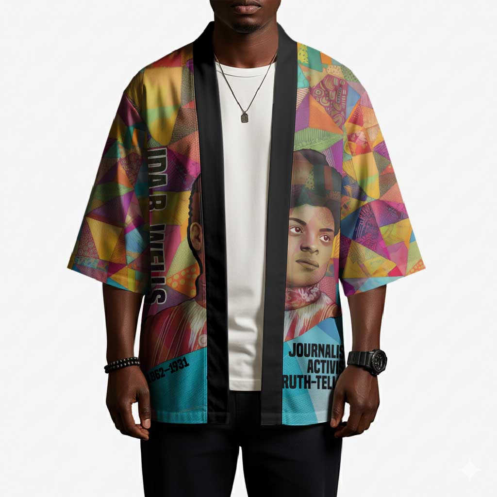 Ida B. Wells Kimono with Colorful Patchwork Pattern Design Confident Portrait Civil Rights and Journalism Tribute - African Pride