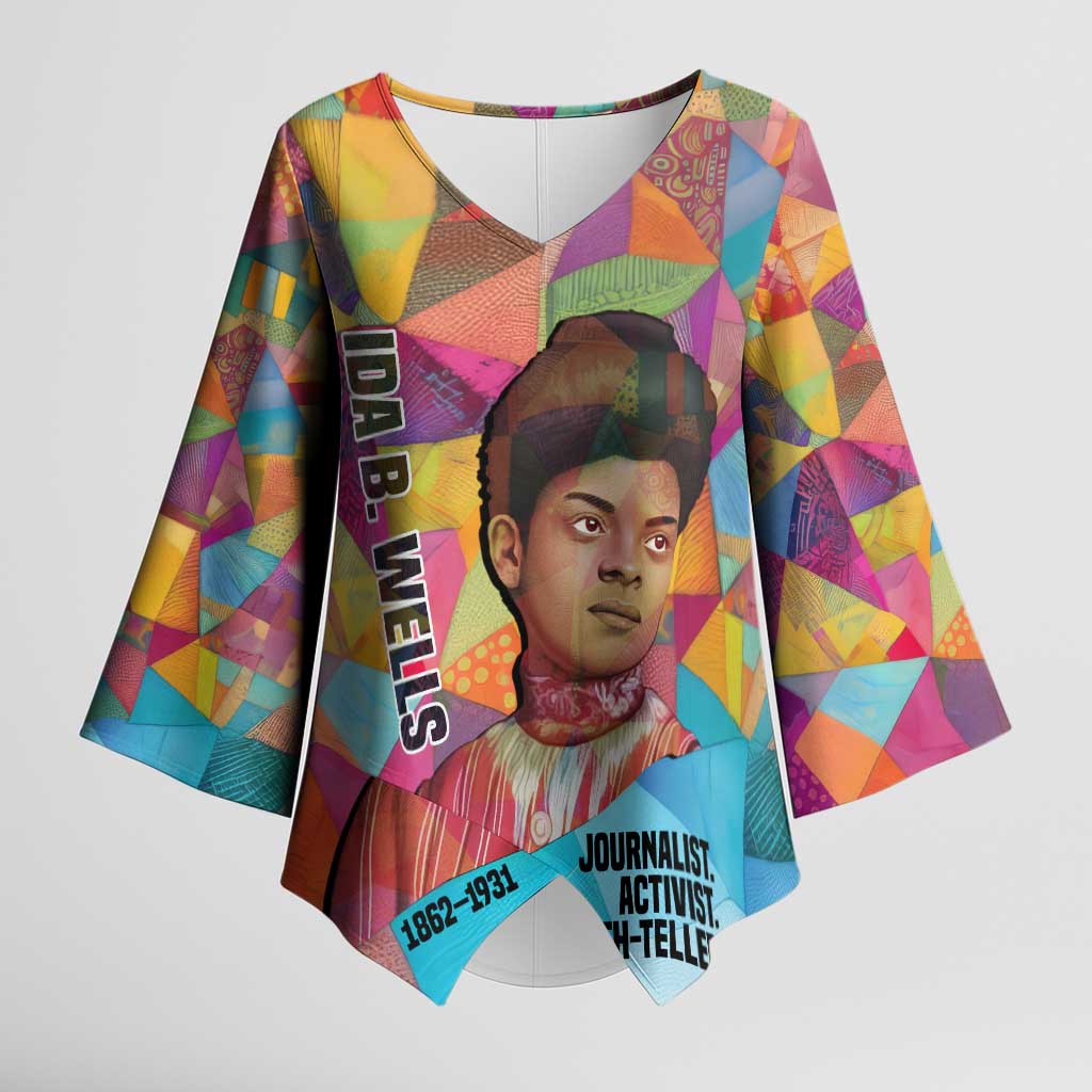 Ida B. Wells Kimono Sleeve Blouse with Colorful Patchwork Pattern Design Confident Portrait Civil Rights and Journalism Tribute - African Pride