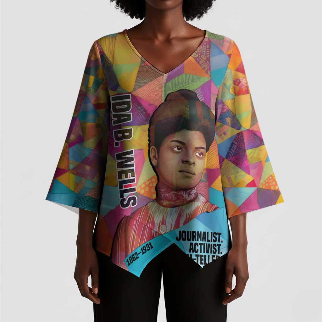 Ida B. Wells Kimono Sleeve Blouse with Colorful Patchwork Pattern Design Confident Portrait Civil Rights and Journalism Tribute - African Pride