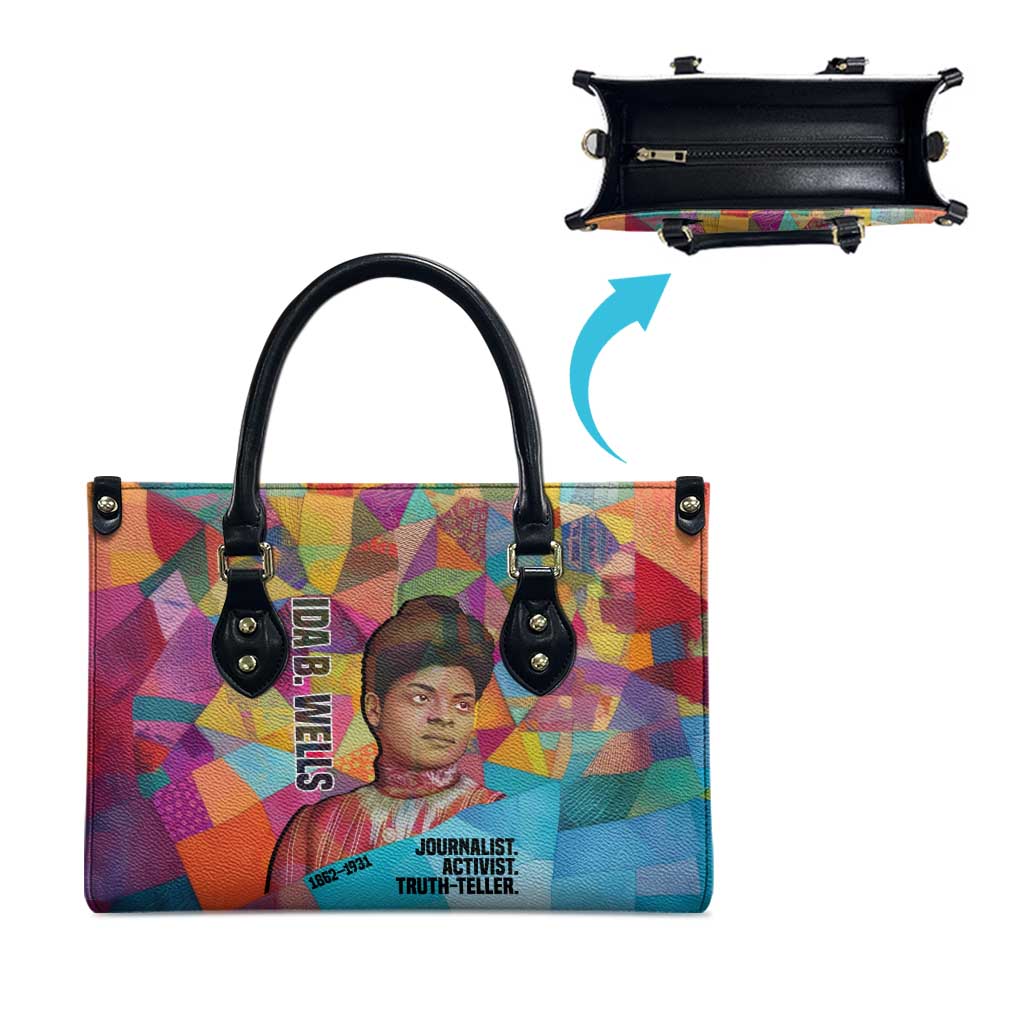 Ida B. Wells Leather Bag with Colorful Patchwork Pattern Design Confident Portrait Civil Rights and Journalism Tribute - African Pride