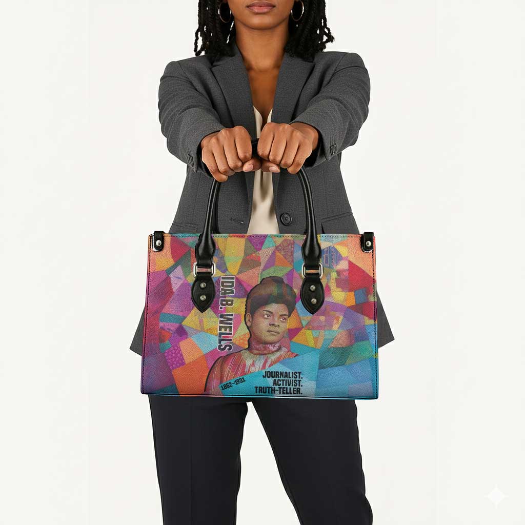 Ida B. Wells Leather Bag with Colorful Patchwork Pattern Design Confident Portrait Civil Rights and Journalism Tribute - African Pride
