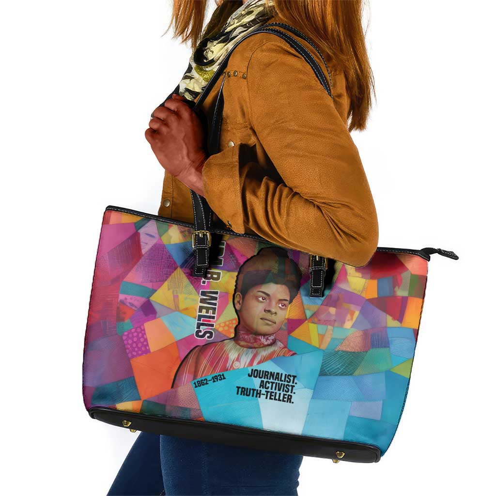 Ida B. Wells Leather Tote Bag with Colorful Patchwork Pattern Design Confident Portrait Civil Rights and Journalism Tribute - African Pride