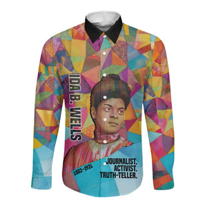 Ida B. Wells Long Sleeve Button Shirt with Colorful Patchwork Pattern Design Confident Portrait Civil Rights and Journalism Tribute - African Pride