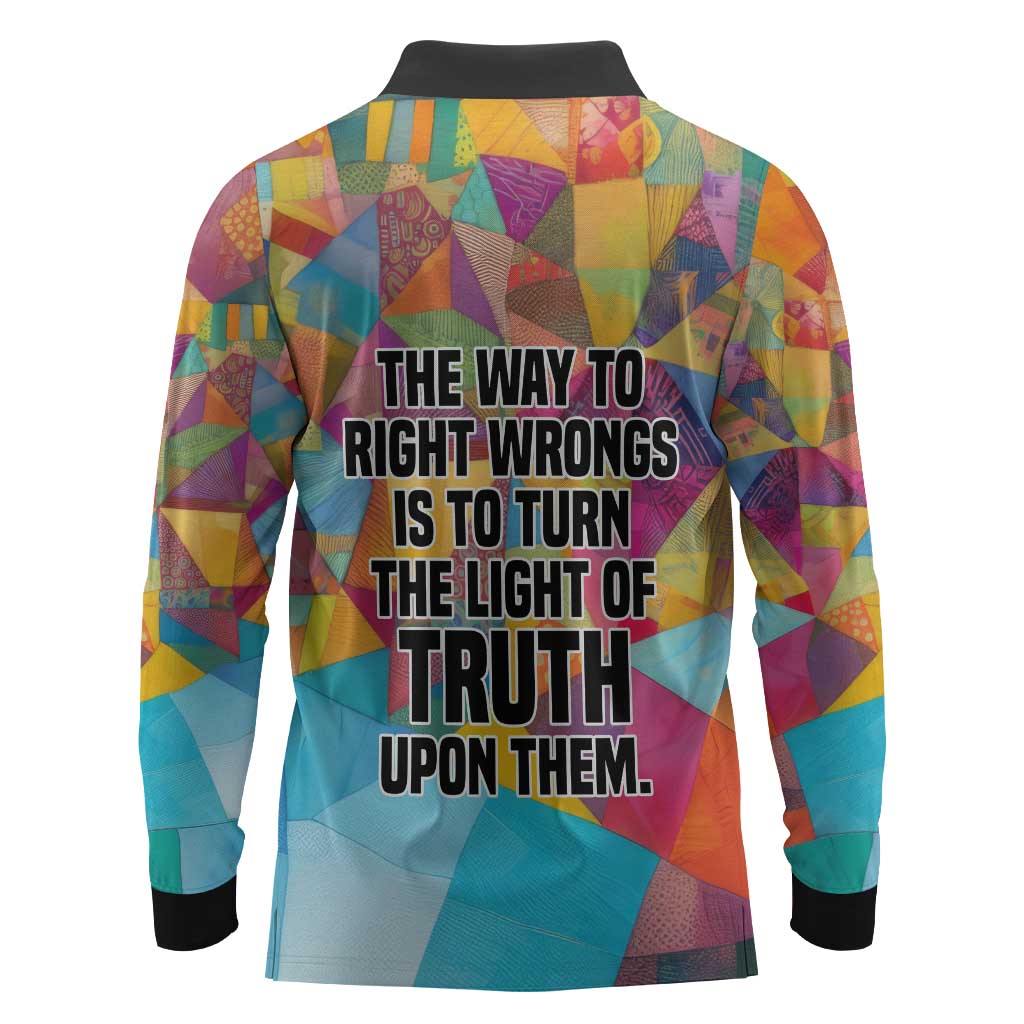 Ida B. Wells Long Sleeve Polo Shirt with Colorful Patchwork Pattern Design Confident Portrait Civil Rights and Journalism Tribute - African Pride