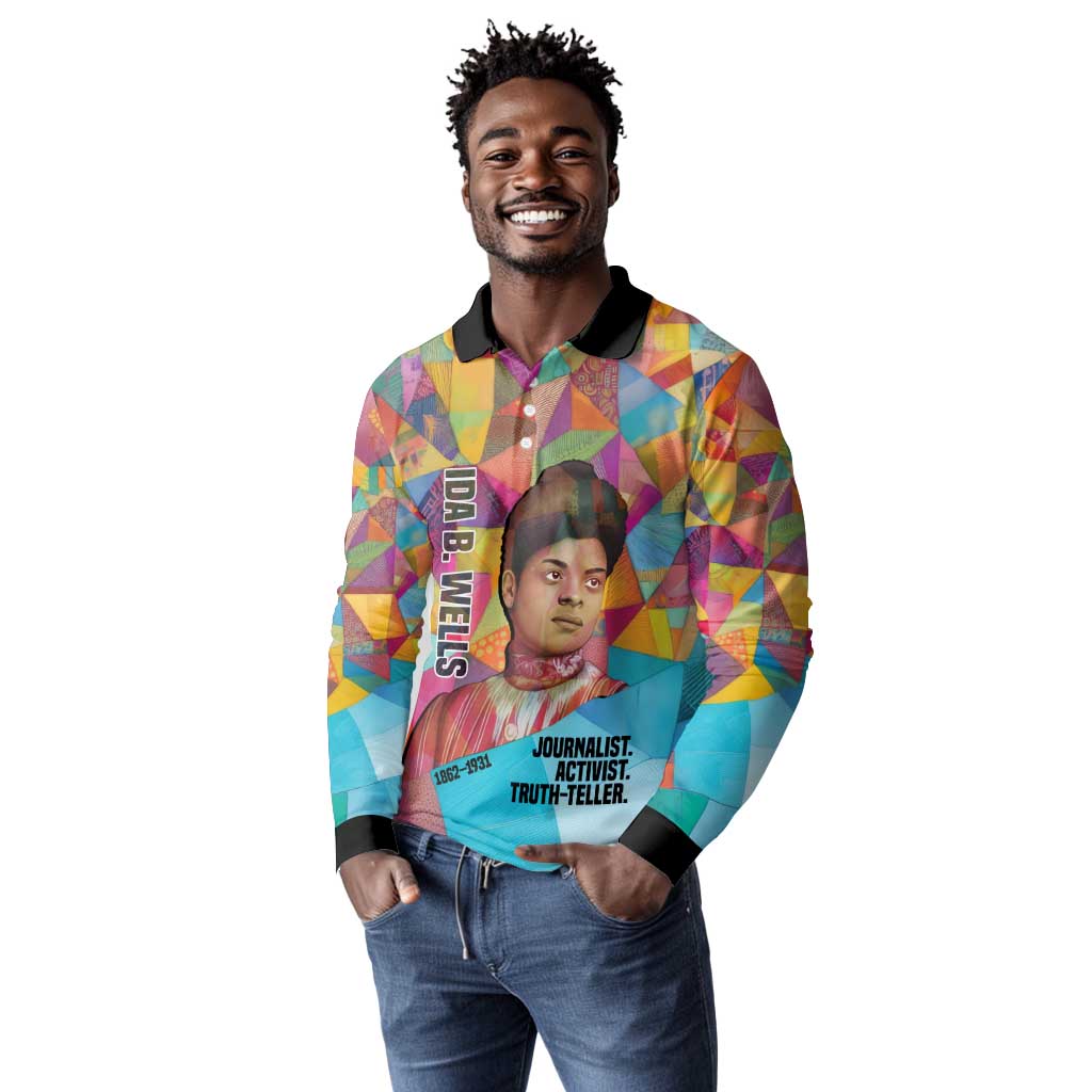 Ida B. Wells Long Sleeve Polo Shirt with Colorful Patchwork Pattern Design Confident Portrait Civil Rights and Journalism Tribute - African Pride