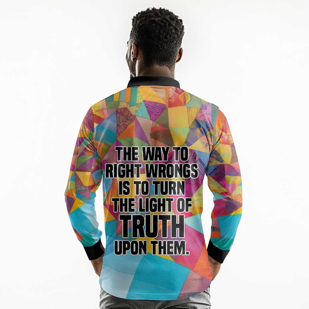 Ida B. Wells Long Sleeve Polo Shirt with Colorful Patchwork Pattern Design Confident Portrait Civil Rights and Journalism Tribute - African Pride