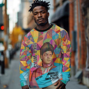 Ida B. Wells Long Sleeve Shirt with Colorful Patchwork Pattern Design Confident Portrait Civil Rights and Journalism Tribute - African Pride