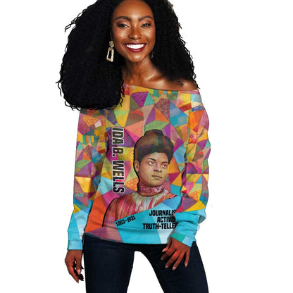 Ida B. Wells Off Shoulder Sweater with Colorful Patchwork Pattern Design Confident Portrait Civil Rights and Journalism Tribute - African Pride