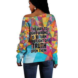 Ida B. Wells Off Shoulder Sweater with Colorful Patchwork Pattern Design Confident Portrait Civil Rights and Journalism Tribute - African Pride