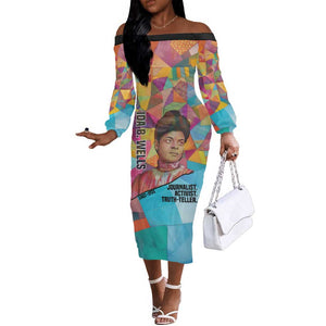 Ida B. Wells Off The Shoulder Long Sleeve Dress with Colorful Patchwork Pattern Design Confident Portrait Civil Rights and Journalism Tribute - African Pride