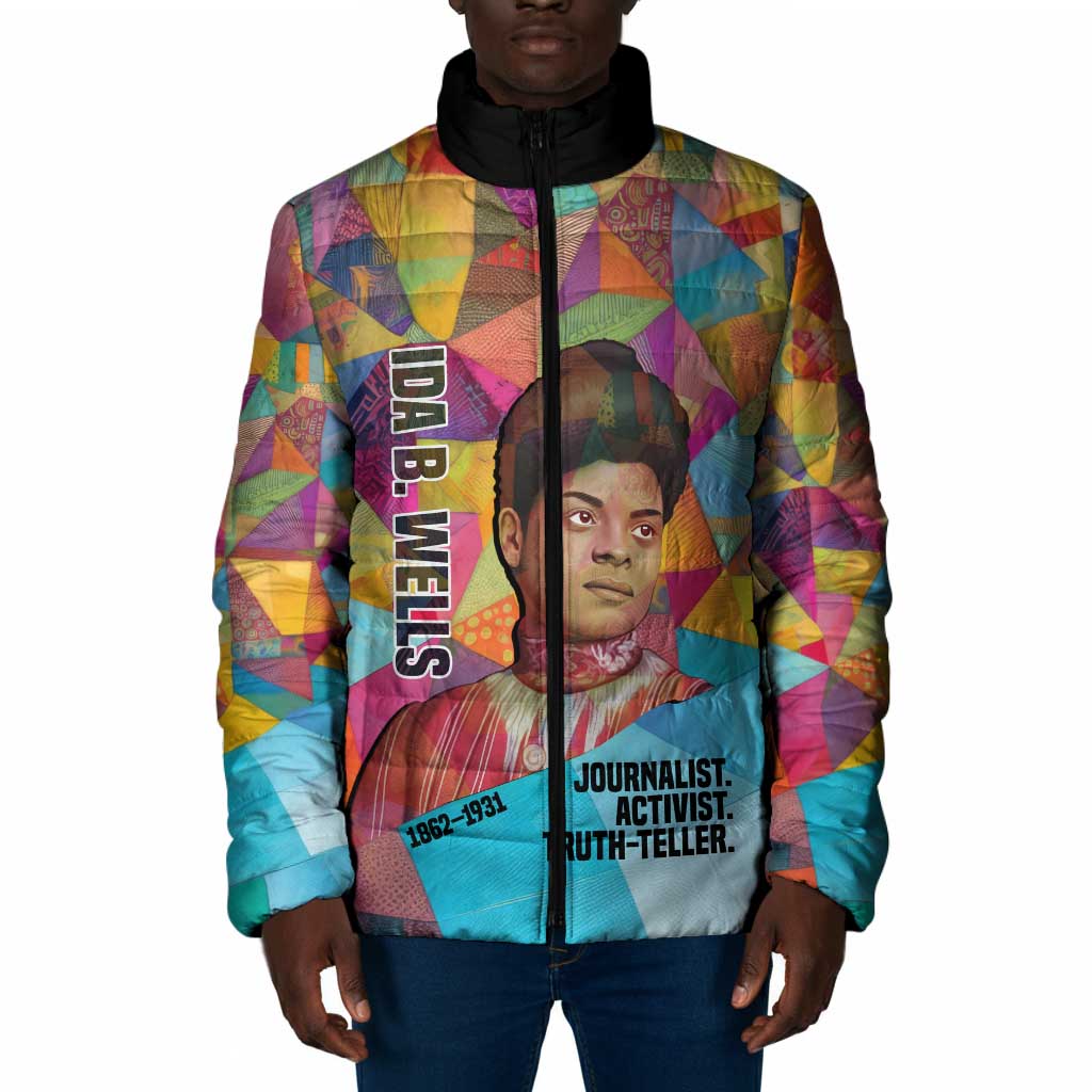 Ida B. Wells Padded Jacket with Colorful Patchwork Pattern Design Confident Portrait Civil Rights and Journalism Tribute - African Pride