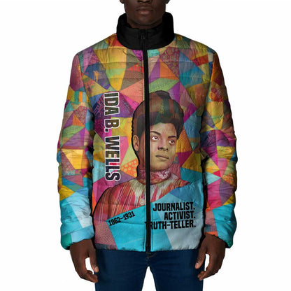 Ida B. Wells Padded Jacket with Colorful Patchwork Pattern Design Confident Portrait Civil Rights and Journalism Tribute - African Pride