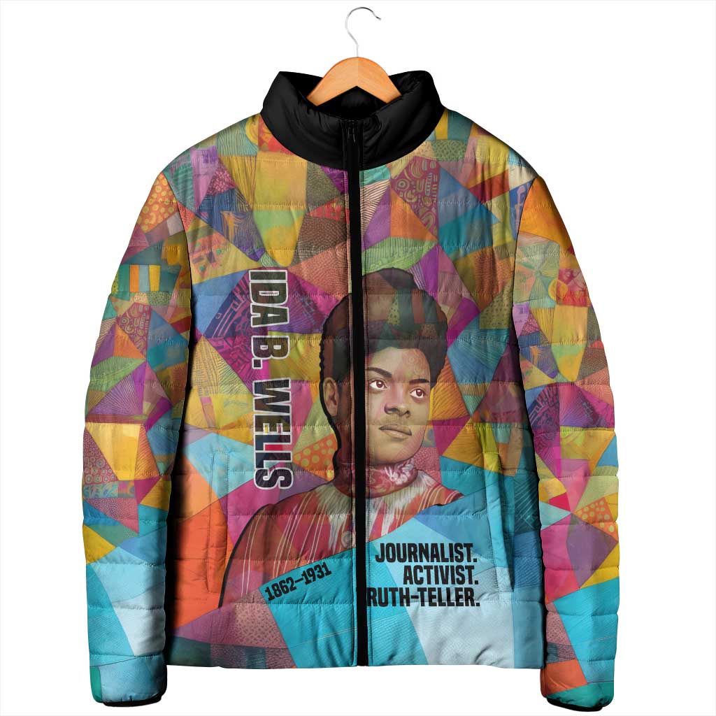 Ida B. Wells Padded Jacket with Colorful Patchwork Pattern Design Confident Portrait Civil Rights and Journalism Tribute - African Pride