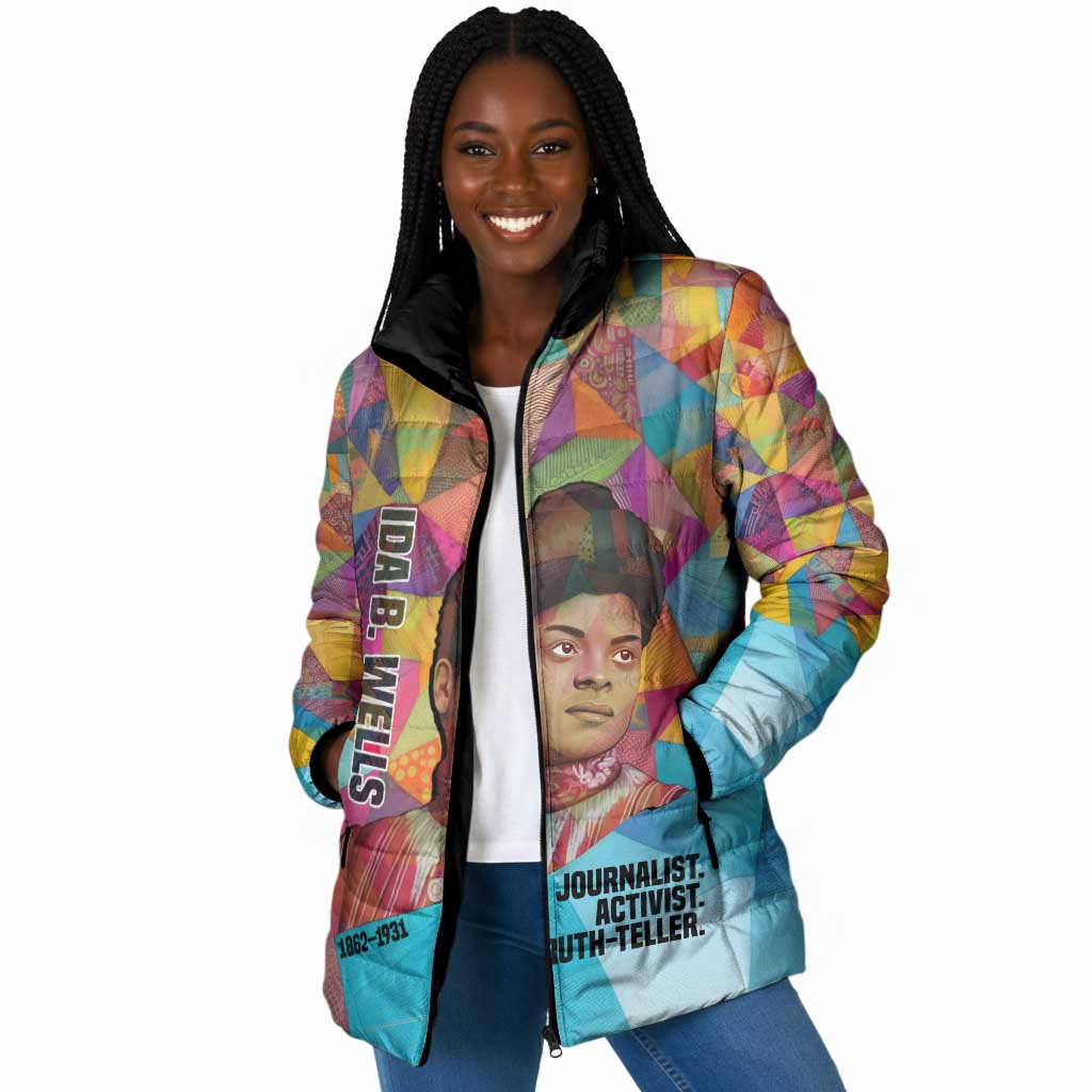 Ida B. Wells Padded Jacket with Colorful Patchwork Pattern Design Confident Portrait Civil Rights and Journalism Tribute - African Pride