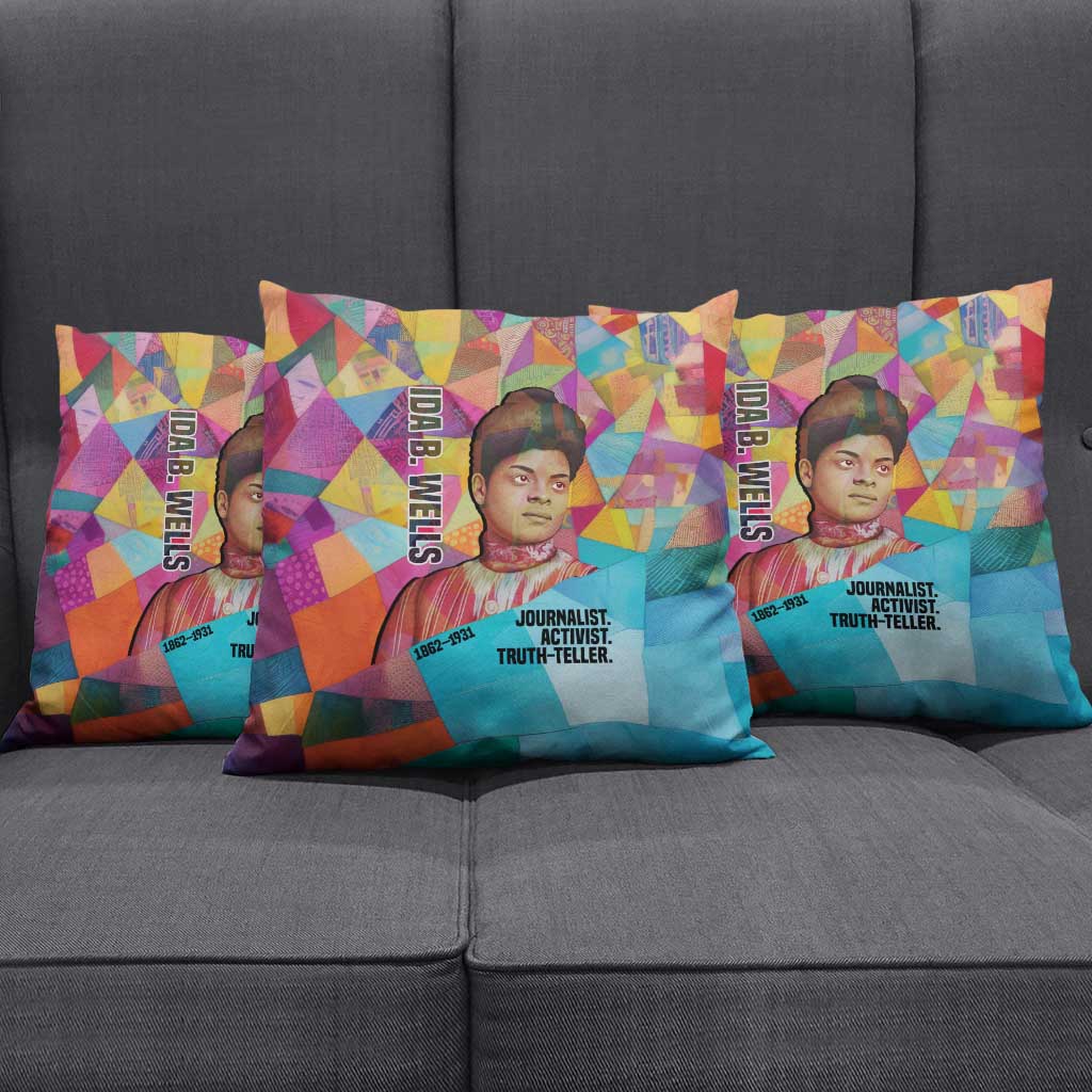 Ida B. Wells Pillow Cover with Colorful Patchwork Pattern Design Confident Portrait Civil Rights and Journalism Tribute - African Pride