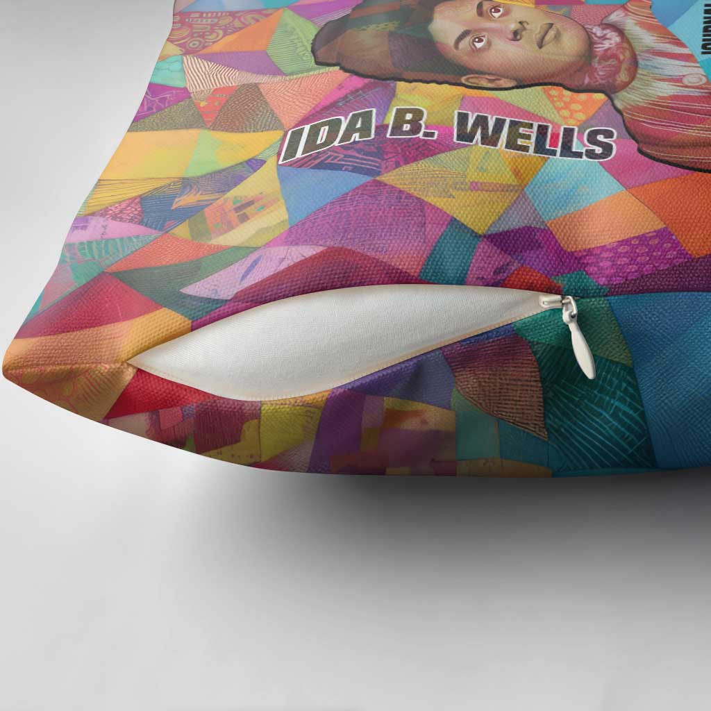 Ida B. Wells Pillow Cover with Colorful Patchwork Pattern Design Confident Portrait Civil Rights and Journalism Tribute - African Pride
