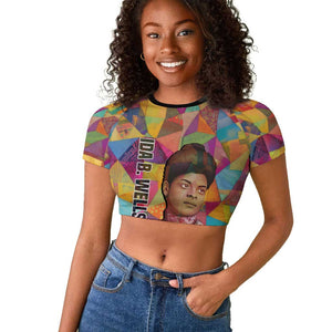 Ida B. Wells Raglan Cropped T shirt with Colorful Patchwork Pattern Design Confident Portrait Civil Rights and Journalism Tribute - African Pride