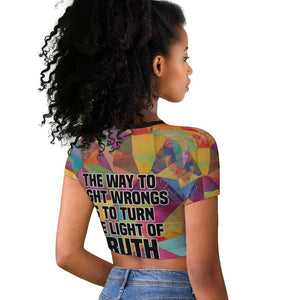 Ida B. Wells Raglan Cropped T shirt with Colorful Patchwork Pattern Design Confident Portrait Civil Rights and Journalism Tribute - African Pride