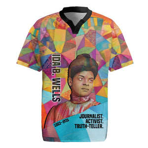 Ida B. Wells Rugby Jersey with Colorful Patchwork Pattern Design Confident Portrait Civil Rights and Journalism Tribute - African Pride