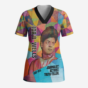 Ida B. Wells Scrub Top with Colorful Patchwork Pattern Design Confident Portrait Civil Rights and Journalism Tribute - African Pride