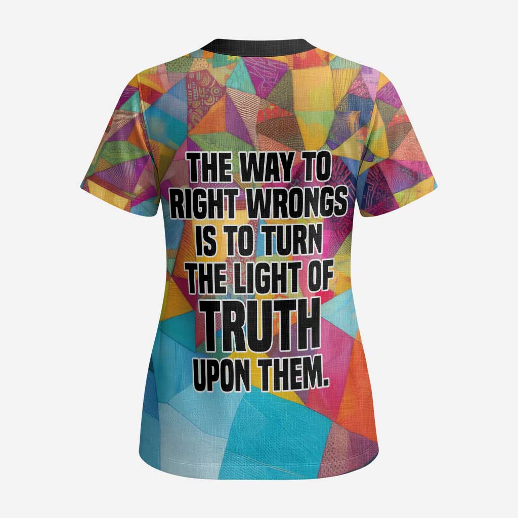 Ida B. Wells Scrub Top with Colorful Patchwork Pattern Design Confident Portrait Civil Rights and Journalism Tribute - African Pride