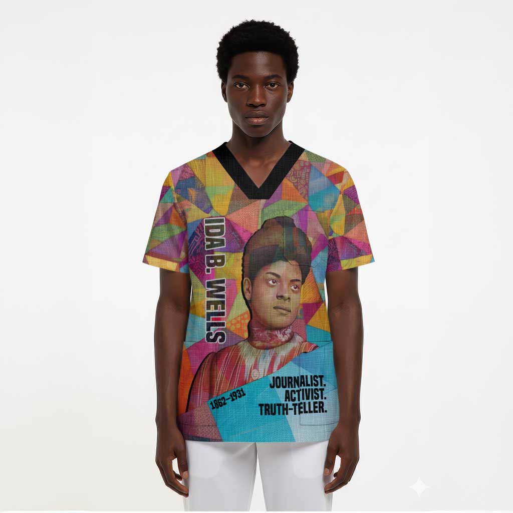 Ida B. Wells Scrub Top with Colorful Patchwork Pattern Design Confident Portrait Civil Rights and Journalism Tribute - African Pride