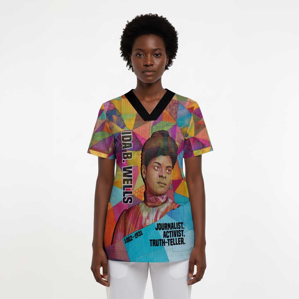 Ida B. Wells Scrub Top with Colorful Patchwork Pattern Design Confident Portrait Civil Rights and Journalism Tribute - African Pride