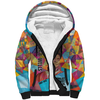Ida B. Wells Sherpa Hoodie with Colorful Patchwork Pattern Design Confident Portrait Civil Rights and Journalism Tribute - African Pride