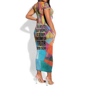 Ida B. Wells Short Sleeve Bodycon Dress with Colorful Patchwork Pattern Design Confident Portrait Civil Rights and Journalism Tribute - African Pride