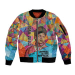Ida B. Wells Sleeve Zip Bomber Jacket with Colorful Patchwork Pattern Design Confident Portrait Civil Rights and Journalism Tribute - African Pride
