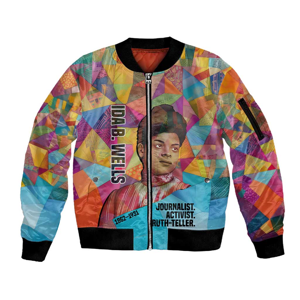 Ida B. Wells Sleeve Zip Bomber Jacket with Colorful Patchwork Pattern Design Confident Portrait Civil Rights and Journalism Tribute - African Pride