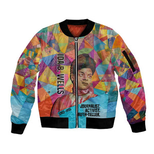 Ida B. Wells Sleeve Zip Bomber Jacket with Colorful Patchwork Pattern Design Confident Portrait Civil Rights and Journalism Tribute - African Pride