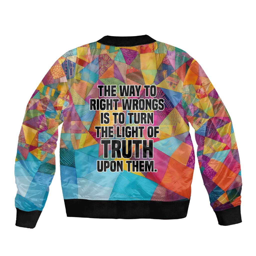 Ida B. Wells Sleeve Zip Bomber Jacket with Colorful Patchwork Pattern Design Confident Portrait Civil Rights and Journalism Tribute - African Pride
